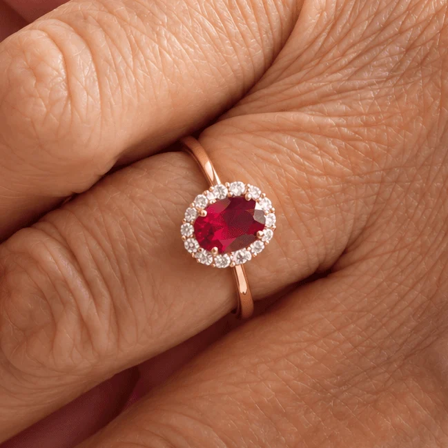 Qynzara™ Pigeon Blood Red Lab-Grown Ruby Halo Ring