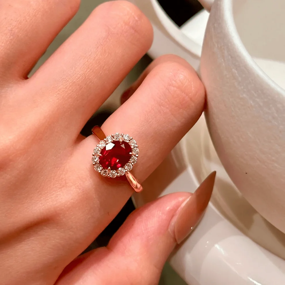 Qynzara™ Pigeon Blood Red Lab-Grown Ruby Halo Ring