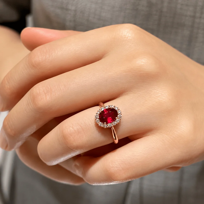 Qynzara™ Pigeon Blood Red Lab-Grown Ruby Halo Ring
