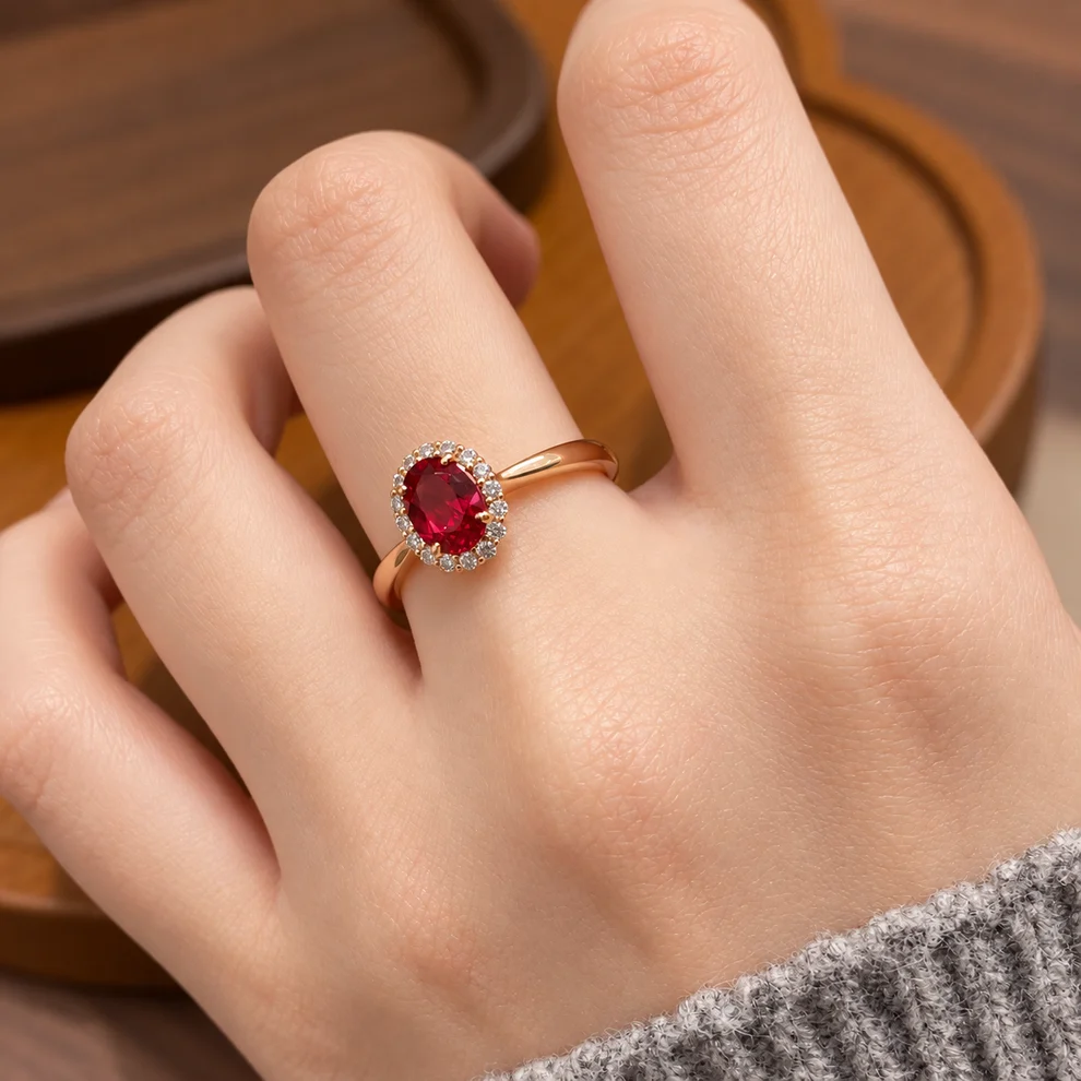 Qynzara™ Pigeon Blood Red Lab-Grown Ruby Halo Ring