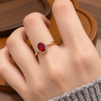 Qynzara™ Pigeon Blood Red Lab-Grown Ruby Halo Ring