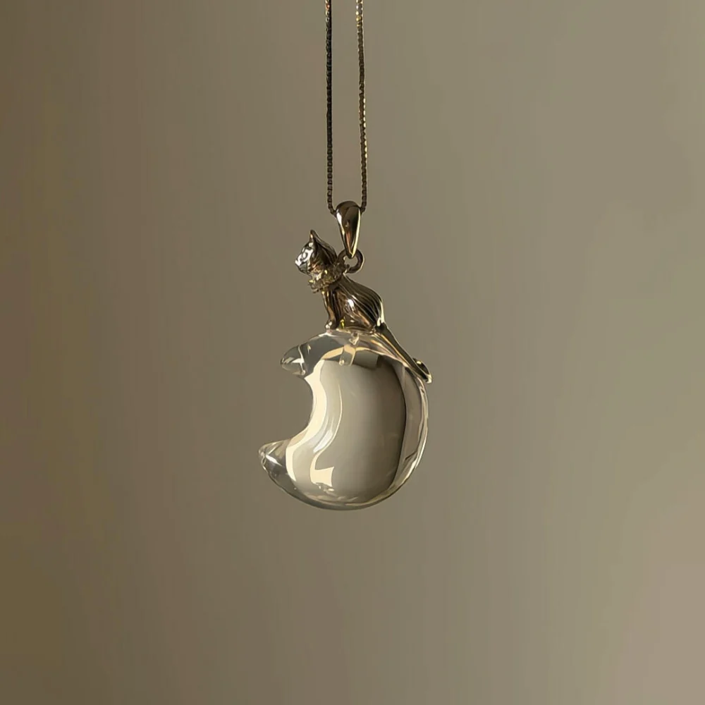 Qynzara™ Cat on the Moon Clear Quartz Necklace