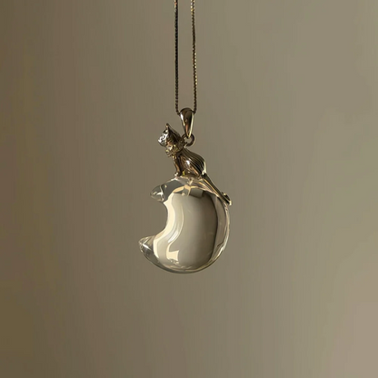 Qynzara™ Cat on the Moon Clear Quartz Necklace